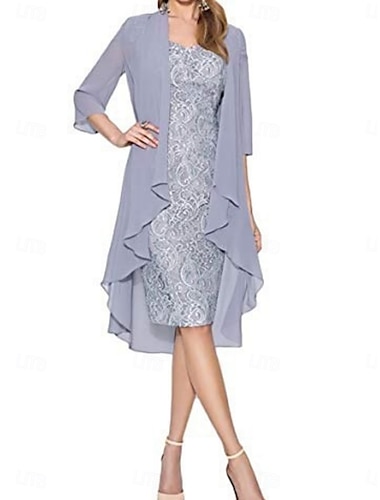  Ensemble de Robes Femme Robe Midi Uni Robe Fourreau Soirée Cocktail Sans Underlay Manches 3/4 Col Rond Invité Mariage Noir Bordeaux Bleu Été Printemps Ajustement Normal
