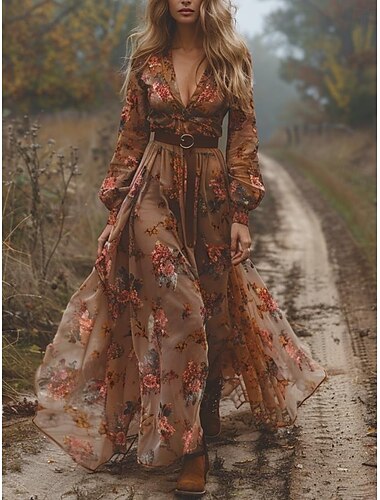  Dames Boho Jurk Westerse Jurk Vintage Midi Jurk Zomer Jurk Slip Jurk Vakantie Casual Boho Dagelijks Uitgaan Reguliere Pasvorm Floral Lange Mouwen V Hals Lichtbruin Zomer