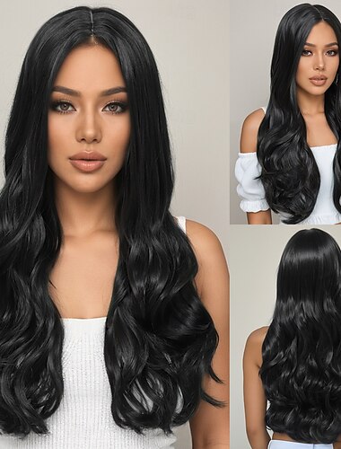  Synthetische Perücken Gewellt Lose Locken Stufenschnitt Tiefer Scheitel Maschinell hergestellt Perücke 24 Zoll A1 Synthetische Haare Damen Klassisch Bequem Hervorgehobenes / Balayage-Haar Schwarz