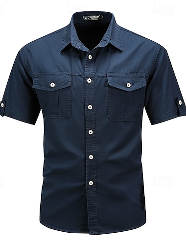  Voor heren Overhemd Zomer overhemd Normaal shirt Overhemd met knopen Cargoshirt Diep Blauw khaki Leger Groen Beige Grijs Korte mouw Effen Overhemdkraag Vakantie Hawaii Zak Kleding 100% katoen Modieus