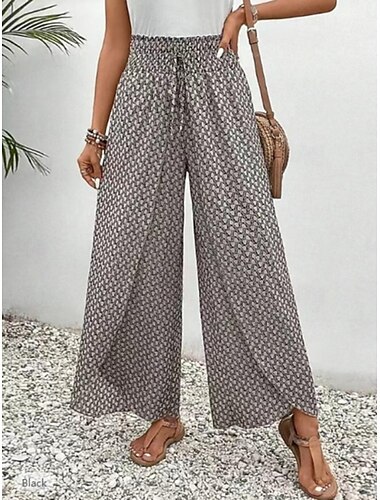  Pantalons Baggy en Coton Lin Femme Chino à Jambes Larges Vacances Mode Streetwear Longueur Complète Taille Haute Géométrique Poche Ceinture Élastique Confort Doux Agréable Micro-élastique Extérieur