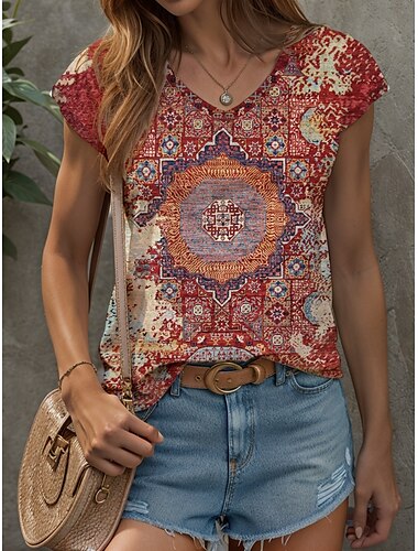  kvinnors boho camisole linne grafisk geometrisk vintage snygg klassisk ärmlös v-ringad vanliga toppar dagligt tryck gul röd blå lila grön