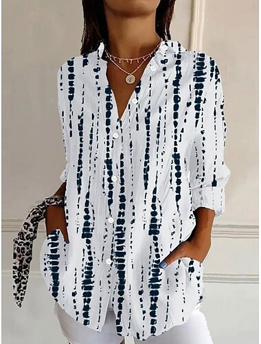  Mulheres Camisa Social Floral Gráfico Diário à moda Casual Manga Longa Colarinho de Camisa Tops regulares Trabalho Diário Botões Imprimir Branco Azul Verde Verão Primavera