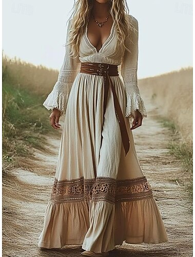  Robe bohème pour femme robe western robe vintage midi robe d'été robe de nuit robe de vacances décontractée bohème fête quotidienne vacances ajustement régulier manches longues bretelles spaghetti