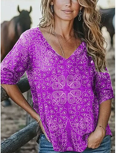  Damen Bluse Blumen Grafik Stilvoll Lässig Dreiviertelarm Halbarm V Ausschnitt Normale Oberteile Täglich Gelb Rote Blau Purpur Sommer Frühling