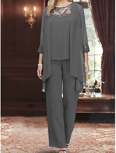  Dreiteilig Brautmutterkleid Elegant Vintage Rundhalsausschnitt Bodenlang Spandex Langarm mit Einfarbig 2025