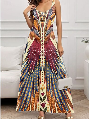  Damen Maxikleid A Linie Kleid Sommerkleid Schulterfreies Kleid Urlaub Lässig Party Date Normale Passform Blumen Grafik Ärmellos Quadrathals Schwarz Orange Grün Sommer Frühling