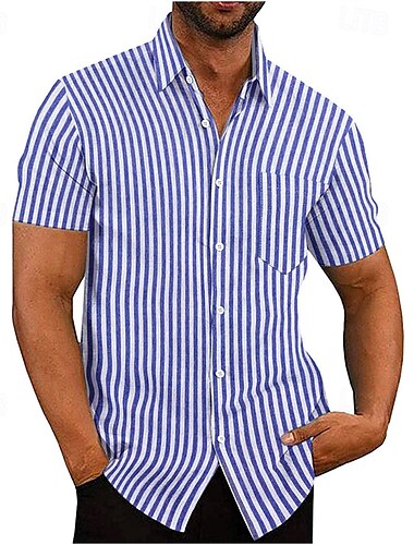  Herre Skjorte Sommerskjorte Uformell skjorte Strandskjorte Skjorte med knapper Lysegrønn Blå Lyseblå Kortermet Vertikale striper Knaphul Feriereise Hawaiisk Klær Polyester Mote Fritid Bekvem Lomme