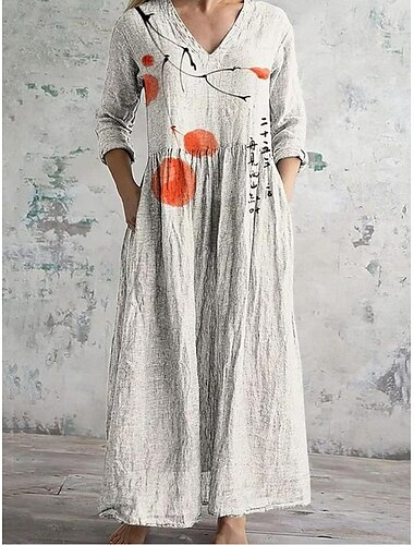  Women's Maxi Dress Vintage Dress Linen Dress Sundress Floral Dress Bohemia Vacation Ethnic Holiday Loose Fit Floral Graphic 3/4 Length Sleeve V Neck Purple Green Beige Summer Spring