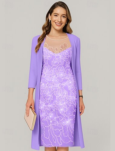  Zweiteilig Kleid-Sets Brautmutterkleid Elegant Illusionsausschnitt Knielang Chiffon Halbarm mit Paillette Stickerei 2025