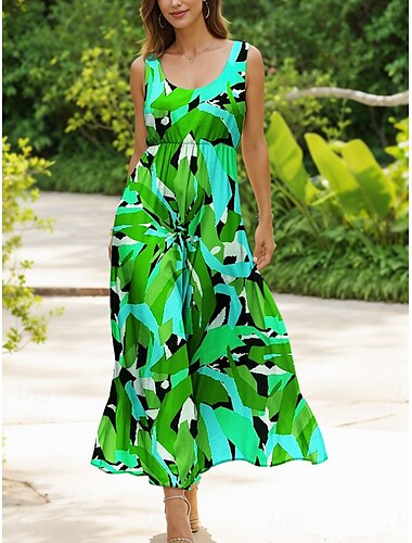  Women's Midi Dress Casual Dress Sundress A Line Dress Off The Shoulder Dress Vacation Casual Regular Fit Graphic Geometric Abstract Sleeveless U Neck Scoop Neck Red Blue Purple Green Summer