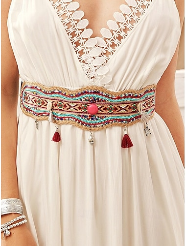  Cinturón de cuentas bohemio hecho a mano para mujer, banda elástica con borlas y dijes: diseño bordado colorido para mujer, perfecto para ropa de playa, festivales y ocasiones de verano.