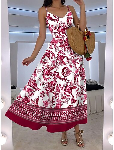  Damen Maxikleid A Linie Kleid Unterkleid Urlaub Lässig Boho Party Ausgehen Standard Passform Blumen Grafik Ärmellos V Ausschnitt Rote Blau Grün Sommer Frühling