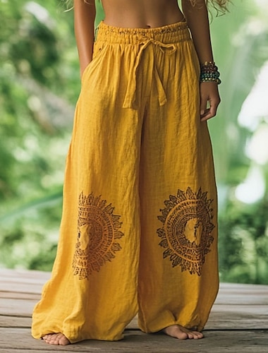  Dam Brett skaft Byxor Boho Fullängd Naturlig Blomma Ficka Tryck Elastisk dragsko-design Utomhus Bekväm Helgdag Helgen Gul Sommar Normal