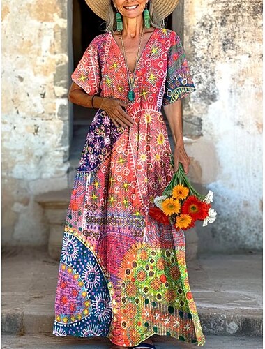  Women's Long Dress Maxi Dress Casual Dress Summer Dress Boho Dress Vintage Vacation Daily Weekend Regular Fit Floral Color Block Short Sleeve V Neck Red Green Summer