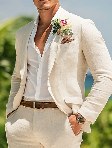  Costumes de mariage d'été en lin pour hommes, blanc, bleu ciel, mode, demi-doublé, léger, couleur unie, coupe standard, 2 pièces, simple boutonnage, un bouton