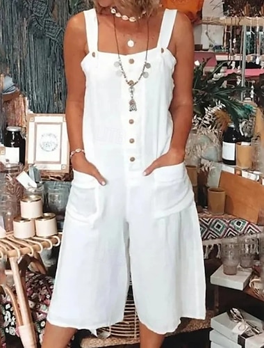  Mono informal de mujer, color liso, sin mangas, cuello en U, con botones y bolsillo, corte regular, para salir a la calle, blanco, rosa y azul, para verano.