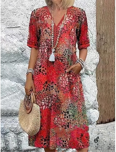  Damen Midikleid A Linie Kleid Sommerkleid Lässig Täglich Normale Passform Grafik Leopard Halbarm V Ausschnitt Rote Blau Purpur Fuchsie Sommer