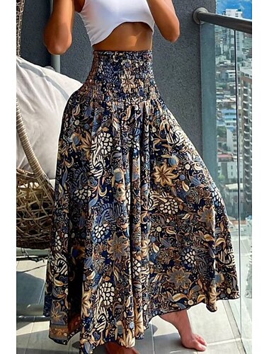  Dames Rok Bohemen Casual Boho Maxi Medium taille Rokken Bloemig Afdrukken Micro-elastisch Vakantie Straat Marine amenel Rood blauw Zomer Polyester