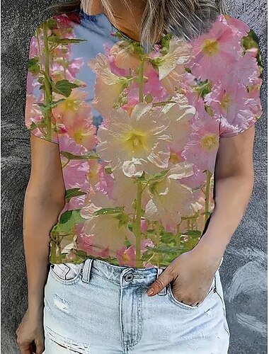  Dames T-shirt Zomer tops Bloemig Grafisch Klassiek Casual Korte mouw Strakke ronde hals Croptops Dagelijks Weekend Afdrukken Regenboog Zomer Lente Herfst