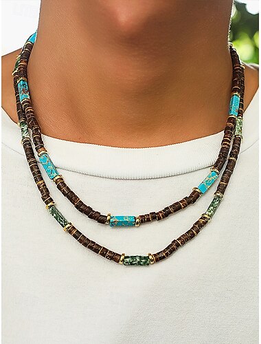  Herrenkette aus Naturholzperlen mit türkisfarbenen Akzenten, Boho-Surfer-Stil, verstellbarer Schmuck für Strand-, Festival- und Freizeitoutfits