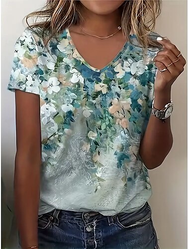  Damskie Podkoszulek Letnie szczyty Graficzny Kwiaty Klasyczny Codzienny Krótki rękaw W serek Crop Topy Codzienny Weekend Nadruk Tęczowy Lato Wiosna Jesień