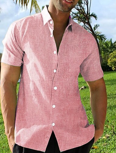  Herre Linskjorte Hawaii skjorte Skjorte med knapper Feriereise Daglig Rosa Blå Grønn Kortermet Aftæpning Sommer Vår Klær krage skjorter