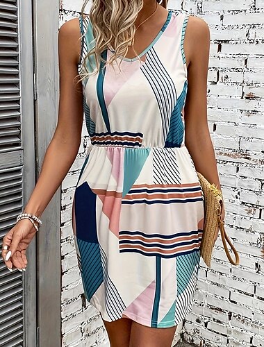  Damen Minikleid Trägerkleid Sommerkleid Boho-Kleid Mode Modern Täglich Strand Wochenende Normale Passform Grafik Ärmellos Rundhalsausschnitt Weiß Sommer