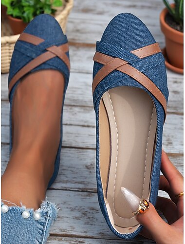  Ballerines croisées en denim bleu foncé et similicuir pour femme – ballerines décontractées d'inspiration vintage pour un usage quotidien et un style de week-end