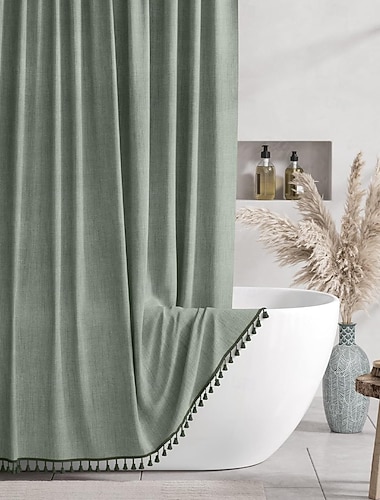  Boho Faux Leinen Duschvorhänge für das Badezimmer Bauernhaus Duschvorhang mit Quasten Salbeigrünes Duschvorhang-Set stoff Duschvorhang mit 12 Haken Hotelqualität