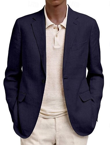  Herren Leinenblazer Sport Jacke Mode Einfarbig Blazer Meerblau Schwarz Marineblau Standard Passform Einreihig Ein-Knopf