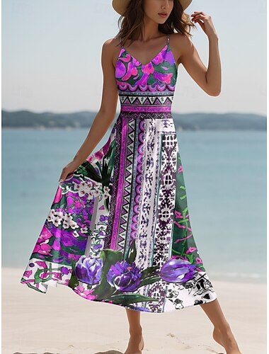  Pentru femei Rochie Maxi Rochie de Vară Rochie A line Rochie Slip Casual Plajă Fit regulat Floral Grafic Geometric Fără manșon În V Bretele Spagheti Roz Îmbujorat Mov Trifoi Vară Primăvară