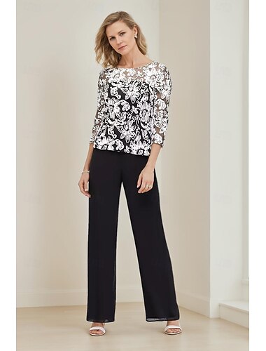  Combinaison / tailleur-pantalon en dentelle à passepoil floral, robe de mère de la mariée, élégante, simple et décontractée, col ras du cou, longueur cheville, crêpe, dentelle, manches 3/4, 2025
