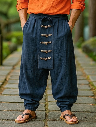  Hombre Pantalones de lino Pantalones Pantalones de verano Pantalones anchos Plisado Botones Correa Plano Comodidad Transpirable Longitud de la rodilla Exterior Yoga Casual Vacaciones Design Holgado