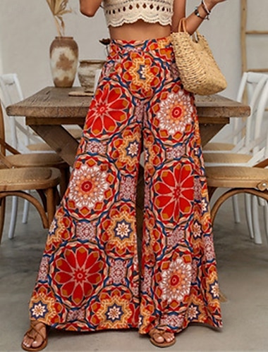  Dam Brett skaft Flared byxor Byxor Semester Boho Fullängd Hög midja Blomma Elastisk midja Andningsfunktion Bekväm Microelastisk Gata Dagliga kläder Utekväll Orange Sommar Normal
