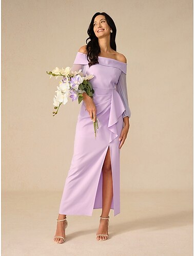  Damen Maxikleid Cocktailkleid Bodycon Elegant Party Normale Passform Einfarbig Langarm Schulterfrei Violett Sommer Frühling Herbst Winter