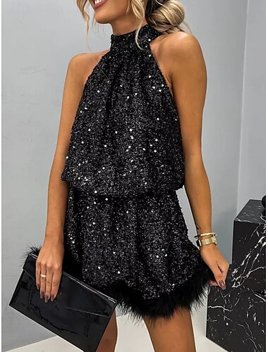  Robe mini femme Robe halter Robe décolletée Robe de fête Cocktail Semi-formelle Mariage Fête en plein air Ajustement régulier Graphique Sans manches Col halter Noir Or Été