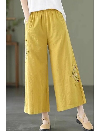  Dames Katoenen linnen broek Modieus Streetwear Volledige lengte Natuurlijk Bloemig Geborduurd Zak Elastische taille Comfortabel Voor buiten Buiten Vakantie Feestdagen Abrikoos Lichtblauw Grijs Zwart