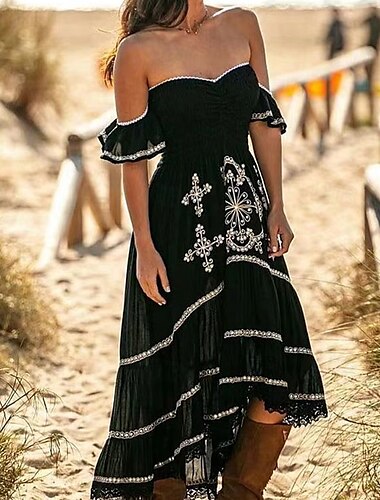  Mujer vestido largo vestido largo Vestido informal Vestido de verano Vestido bohemio Moda Exterior Vacaciones Fiesta Ajuste regular Geométrico Sin Mangas Sin Tirantes Negro Verano Primavera