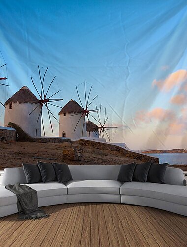  Landschaft Strand Windmühle Tapestry Großer Wandteppich Mural Dekor Fotografie Hintergrund Deckenvorhang Zuhause Schlafzimmer Wohnzimmer Dekoration