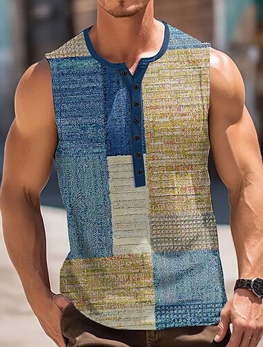  Hombre Retazos Cosecha Camiseta sin mangas Henley Shirt Sin Mangas Vintage Moda Design Exterior Casual Diario Verano Primavera & Otoño Azul Gris Verde Caqui Henley Camiseta Henley