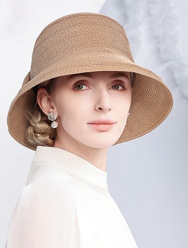  Chapéus Fibra Chapéu-coco / Cloche Chapéu de balde Chapéu de palha Casual Feriado Elegante Clássico Com Laço Capacete Chapéu