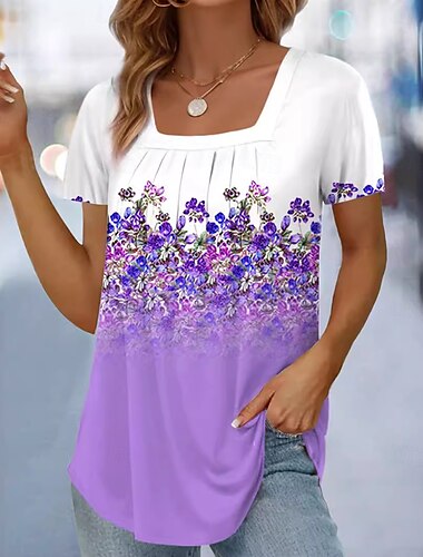  Dames T-shirt Bloemig Grafisch Stijlvol Casual Korte mouw Vierkante hals Normale tops Dagelijks Weekend Afdrukken Blozend Roze blauw Paars Oranje Zomer