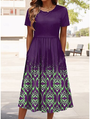  Damen Minikleid T-Shirt-Kleid A Linie Kleid Sommerkleid Urlaub Lässig Täglich Normale Passform Grafik Geometrisch Kurzarm Rundhalsausschnitt Marineblau Purpur Grün Sommer