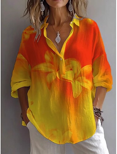  Mujer Camisa Floral Básico Casual Manga Larga Cuello Camisero Tops regulares Diario Botones Estampado Amarillo Azul Piscina Fucsia Naranja Verano