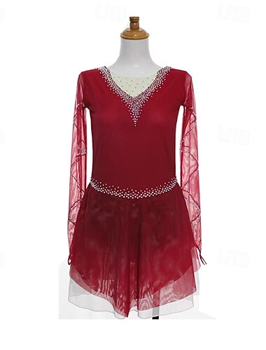 Kunstschaatsjurk Dames Voor meisjes Schaatsen Jurken Bordeaux Lapwerk Duimopening Netstof Spandex Rekbaar Opleiding Oefenen Professioneel Kunstschaatskleding Thermisch Warm Kristal / Bergkristal