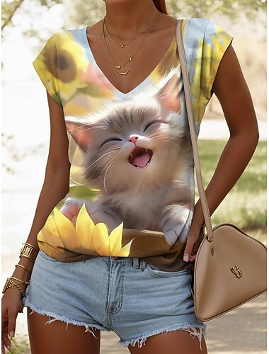  Damen Bluse Blatt Tiermotiv Katze Tropisch Stilvoll Lässig Ärmellos Träger Normale Oberteile Täglich Druck Schwarz Weiß Gelb Sommer Frühling