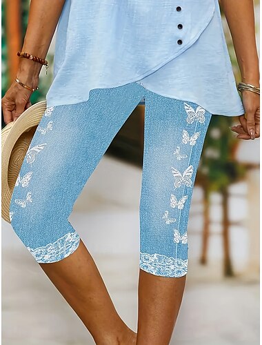  Leggings Capri pour femmes 3D Imprimés Haute Élastiqué Vacances Vintage Mode Mi-Mollet Taille Haute Imprimé Papillon Abstrait Respirable Doux Élastique Formelle Extérieur Vacances Bleu Oeuf de Robin