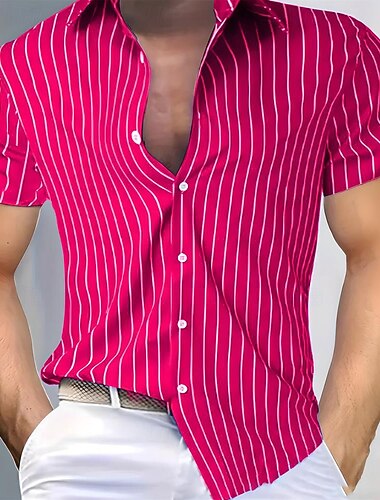  Per uomo Camicia Estiva Camicia casual Camicia da Spiaggia Camicia con Bottoni Giallo Verde chiaro Rosa Rosso Blu Manica Corta A righe Bavero Vacanza Camicia hawaiana Abbigliamento Poliestere Moda