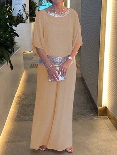  Zweiteilig Overall / Hosenanzug Brautmutterkleid Elegant Vintage Einfach U-Boot-Ausschnitt Bodenlang Chiffon Halbarm mit Paillette 2025